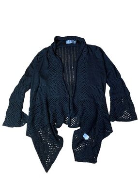 Costa Blanca Black Crochet Open-Front Draped Cardigan